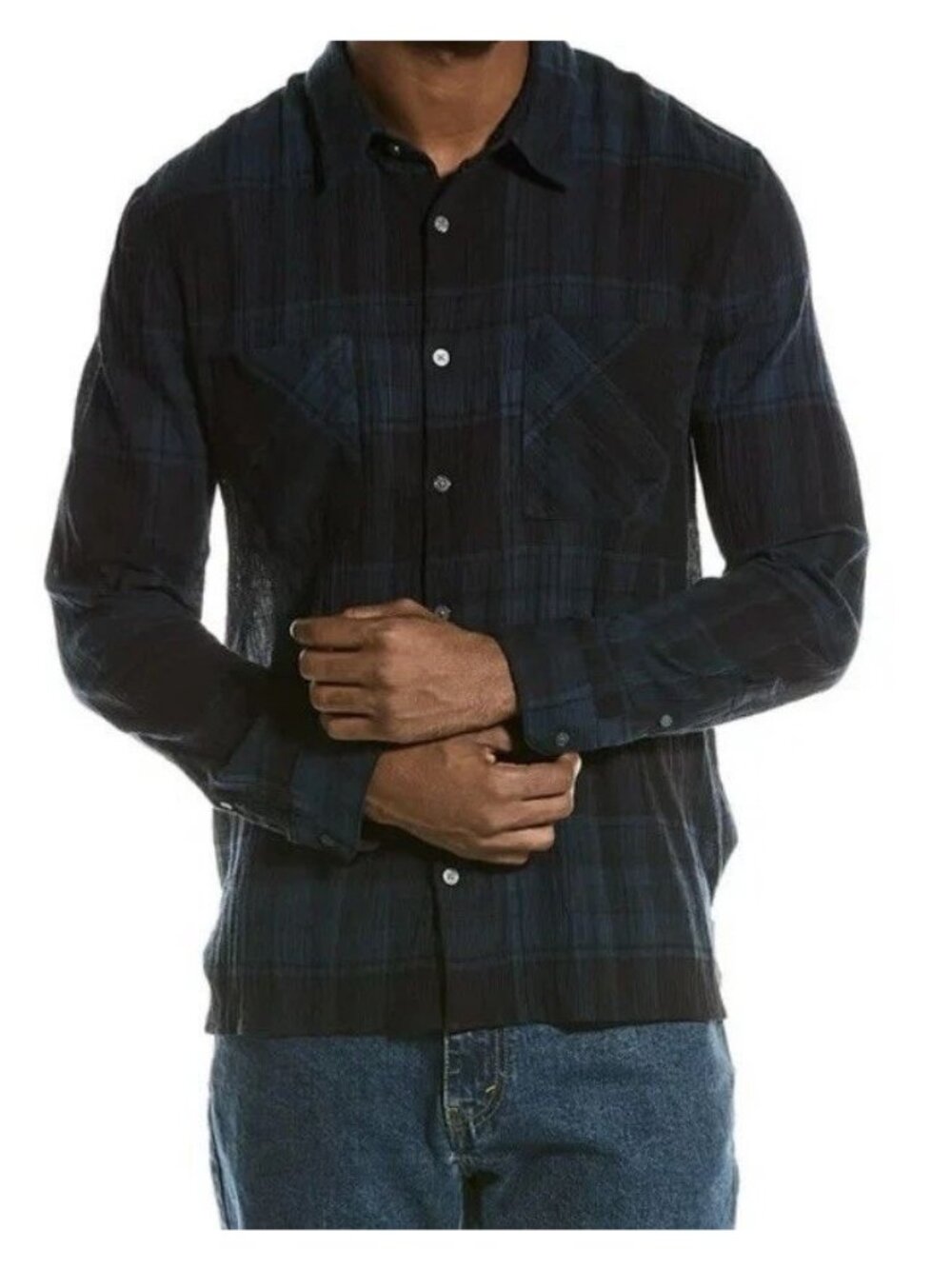 John Varvatos Men's Long Sleeve Cole Plaid Pocket Shirt Twilight Blue, Size Smal
